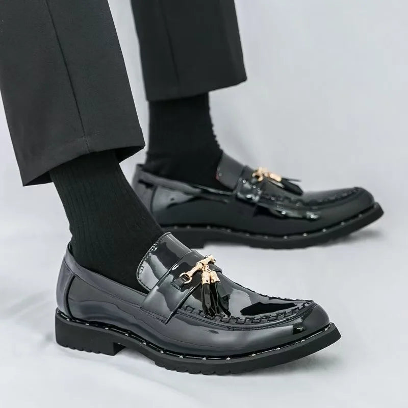 Men’s Gold Patent Leather Moccasins - Pointed Toe Luxury Business & Formal Dress Shoes
