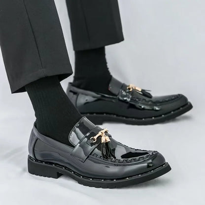 Men’s Gold Patent Leather Moccasins - Pointed Toe Luxury Business & Formal Dress Shoes