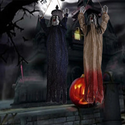 Halloween Hanging Ghost Decoration — Movable Skeleton Horror Prop with Long Hair for Haunted House and Bar 2025
