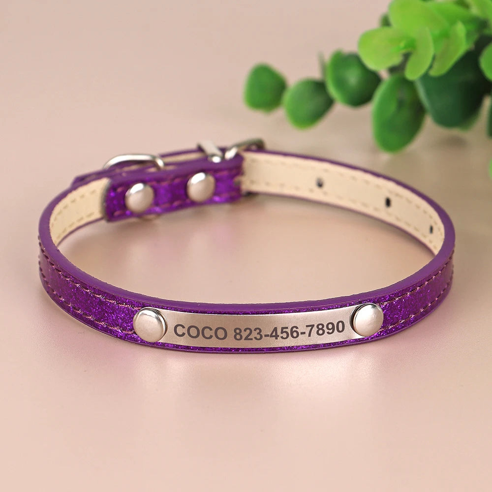 Personalized Cat Collar — Bling PU Leather Adjustable Collar with Custom ID Necklace for Cats, Kittens & Small Dogs