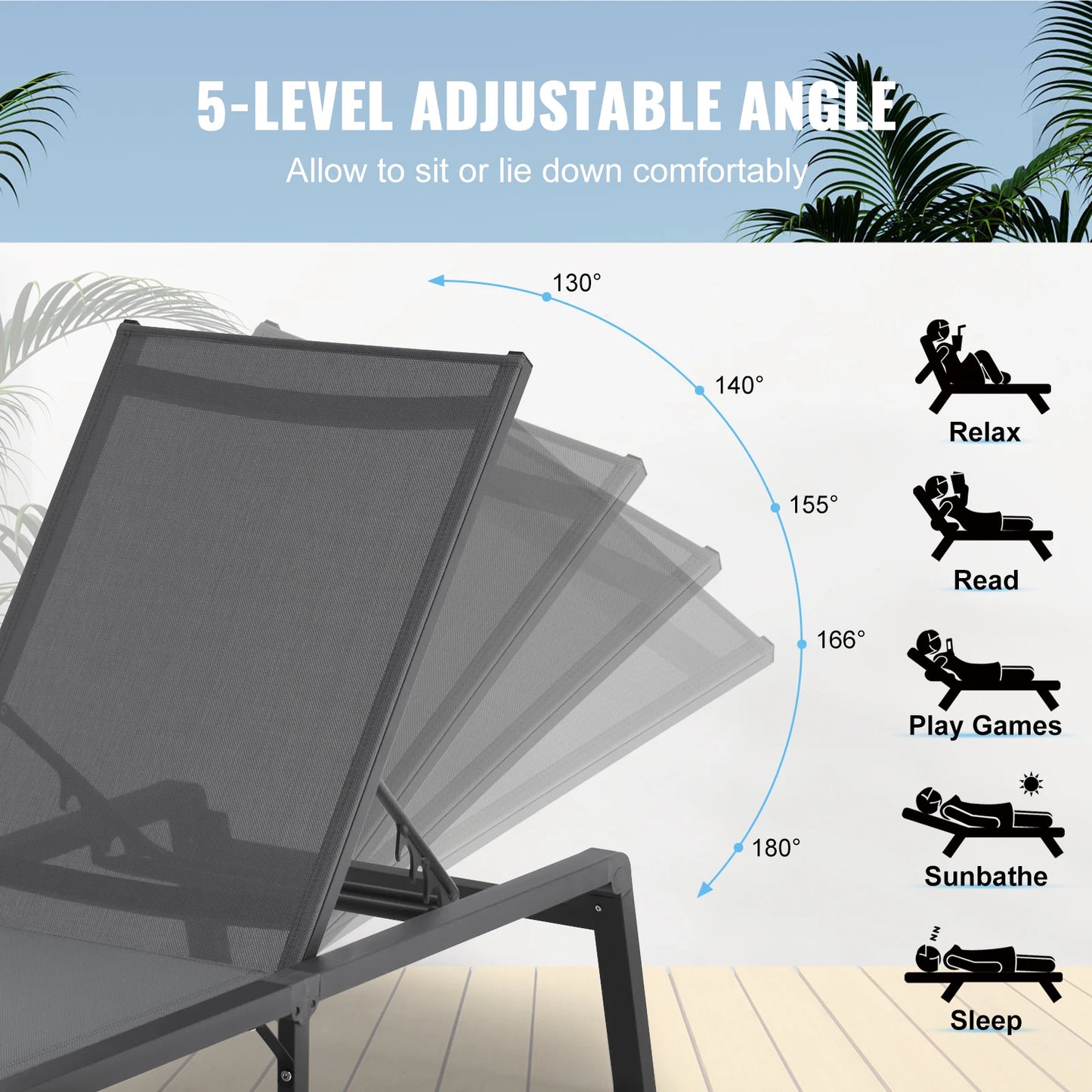 SucceBuy Outdoor Aluminum Chaise Lounge Chair — Folding Patio Pool Recliner, Full Flat Sun Lounger in Dark Grey