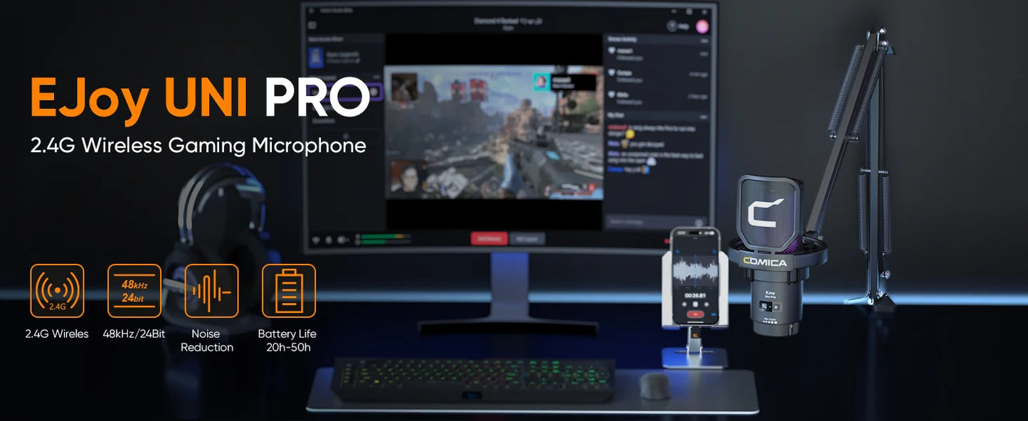 COMICA Uni Pro Wireless USB Gaming Microphone – Noise-Canceling Condenser Mic with RGB Lights for PC, Laptop & Smartphone