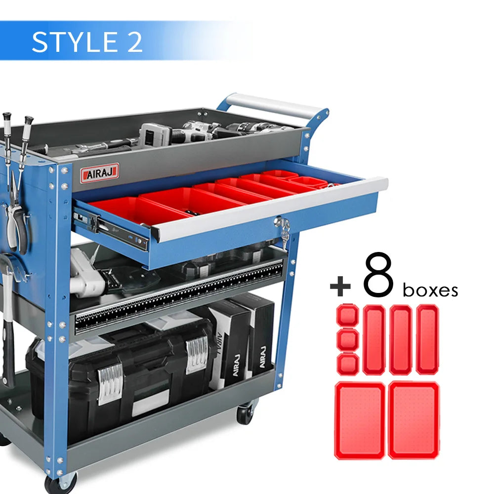 AIRAJ 3-Tier Rolling Tool Cart on Wheels - 440 lbs Capacity Storage for Garage & Warehouse, Available in Blue/Black/Red