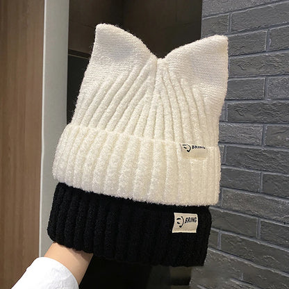 Cute Cat Ears Beanie for Women – Warm Autumn Winter Knitted Hat, Sweet Ear Protection Pullover