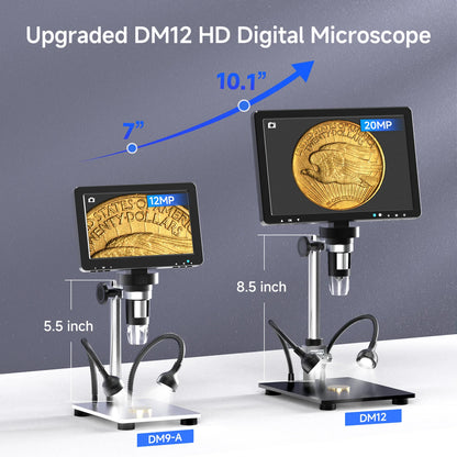 RIEVBCAU 10.1'' HDMI Digital Microscope – 2000X 20MP Coin & Soldering Microscope with 10 LEDs for PCB & Electronics Repair