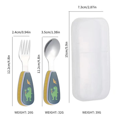 Toddler Dinosaur Spoon & Fork Set - Stainless Steel Cartoon Feeding Utensils with Short Handle for Kids