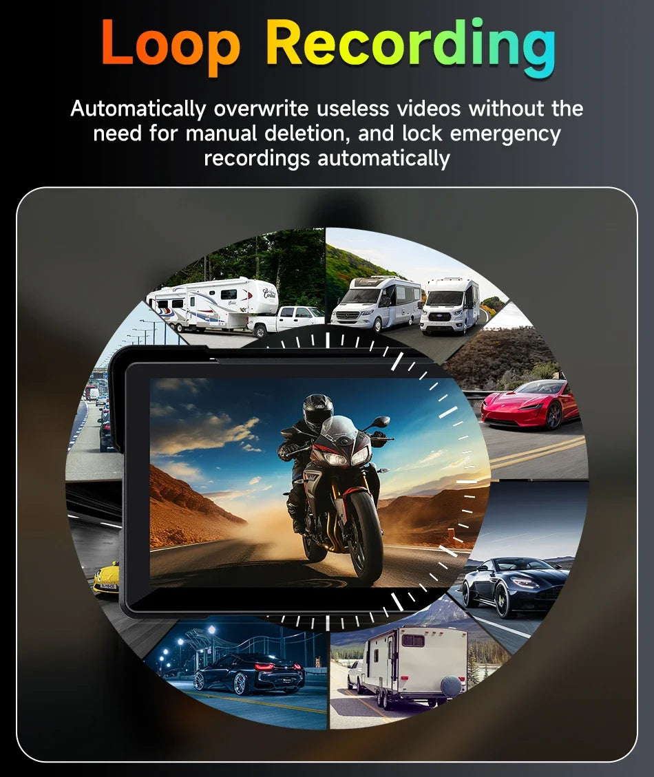 5/7 Inch Motorcycle CarPlay DVR Navigation GPS Monitor – Wireless Android Auto, Airplay, IPX7 Waterproof Portable Display