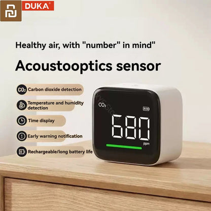 DUKA CF1 CO2 Detector - High-Accuracy Air Quality Monitor with Temperature, Humidity, Clock & Rechargeable Battery