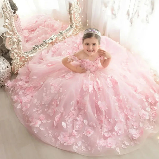Pink Flower Girl Dress - 3D Floral Applique Pearl Tulle Gown for Weddings & Parties