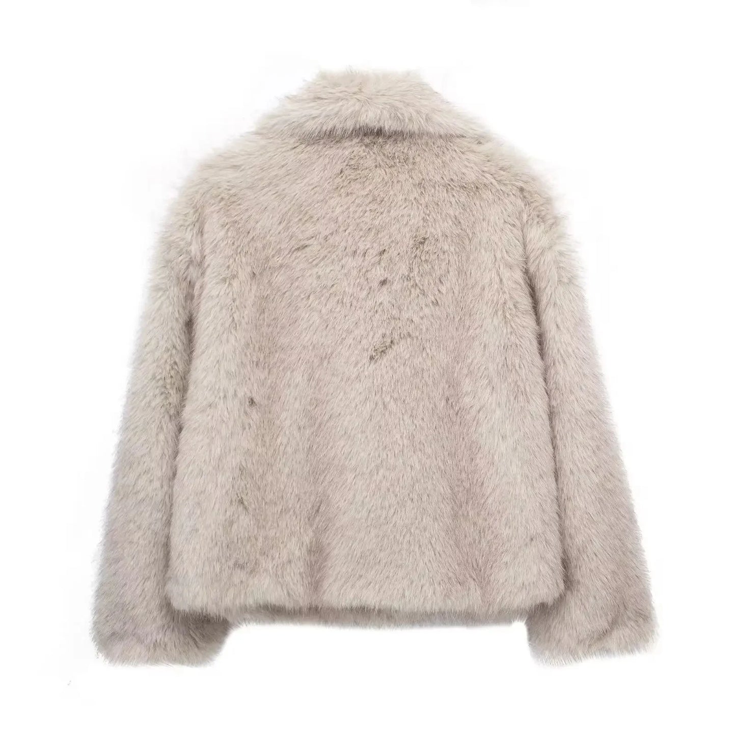 TRAF 2024 Women's Cropped Faux Fur Jacket – Chic Lapel Collar, Long Sleeve, Front Snap-Button Thick Coat