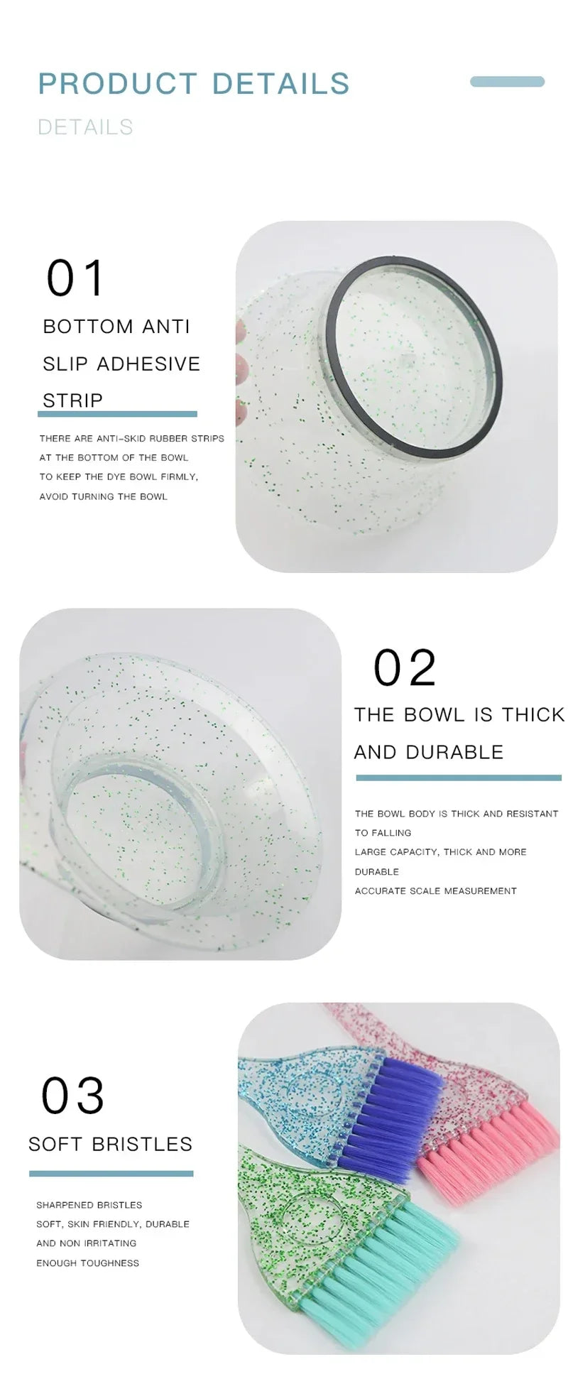 3pcs Hair Coloring Brush Set – Shiny Crystal Mixing Bowl & Easy-Clean Tinting Brushes for Salon & DIY Hairdressing