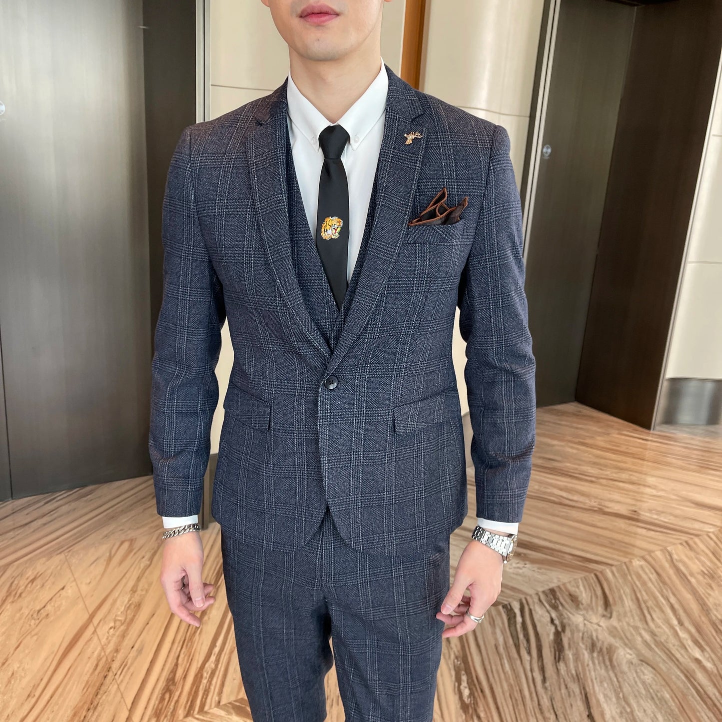 Men’s British Korean Plaid Three-Piece Suit – Stylish Business Casual Set with Blazer, Vest & Trousers