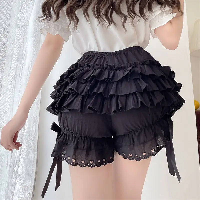 Vintage Style with a Twist: Black and White Pleated Pumpkin Cute Panties for Women - Bow Knot Lolita Safety Shorts, Victorian Bloomers
