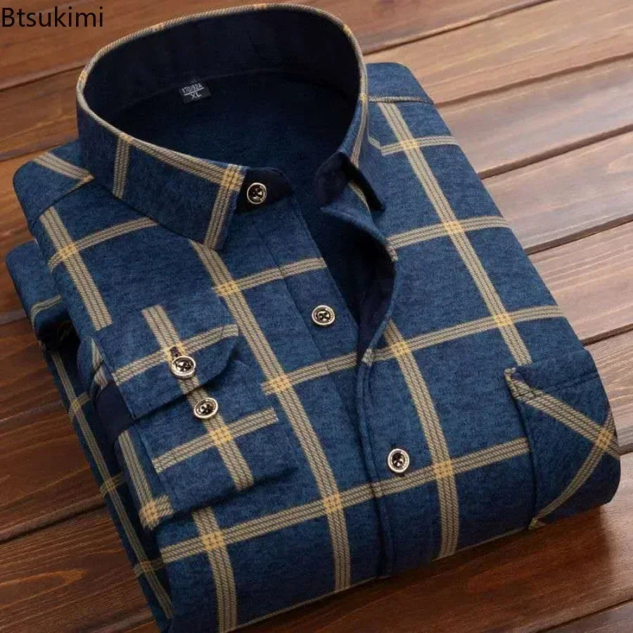 Men's Winter Plaid Flannel Shirt - Thick Fleece-Lined Long Sleeve Warm Casual Dress Shirt