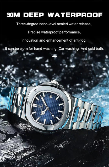 POEDAGAR Luxury Men's Watch – 30ATM Waterproof, Stainless Steel Square Quartz, Luminous Date, Business reloj hombre