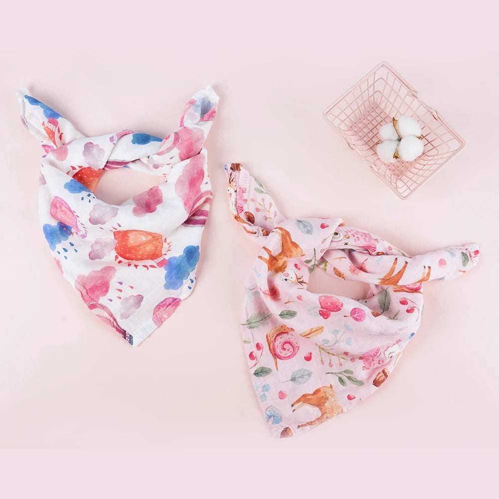 Elinfant 5-Piece Gift Set: Bamboo Cotton Muslin Bibs & Burp Cloths - 100% Cotton, 60x60cm, 2 Layers, Baby Scarf Handkerchief