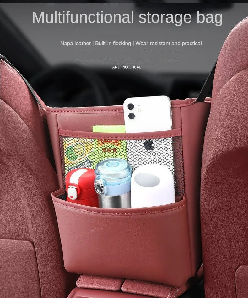 Car Handbag Holder Between Seats – Multi-Functional Leather Storage Bag with Tissue Box, Phone, Cup & Map Organizer