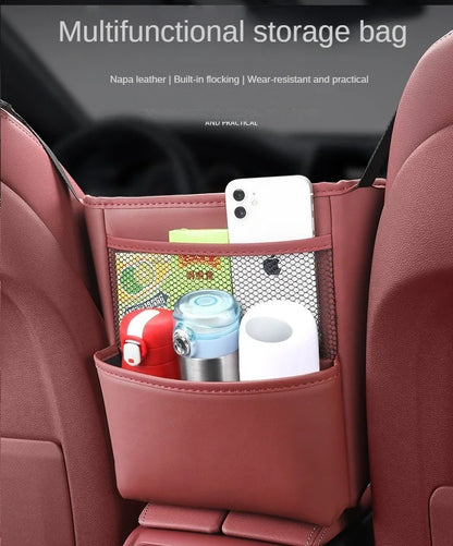 Car Handbag Holder Between Seats – Multi-Functional Leather Storage Bag with Tissue Box, Phone, Cup & Map Organizer