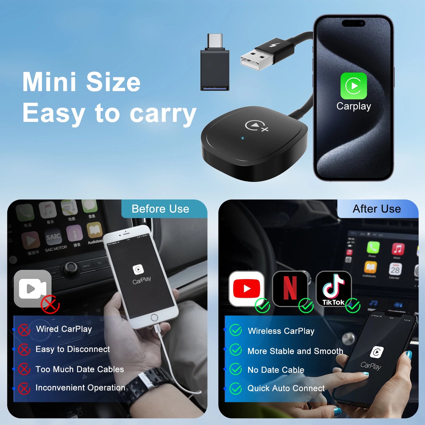 Wireless Video CarPlay Adapter - Supports Netflix, YouTube, TikTok for OEM Wireless CarPlay Vehicles