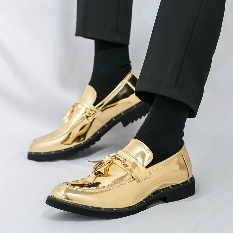 Men’s Gold Patent Leather Moccasins - Pointed Toe Luxury Business & Formal Dress Shoes