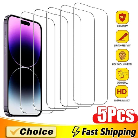 5Pcs Tempered Glass Screen Protector - Protective Glass Film for iPhone 16 15 14 13 12 11 Pro Max Mini 7 8 Plus X XR XS MAX