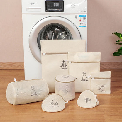 7Pcs Fine Mesh Laundry Bag Set – Embroidery Print Washing Pouches for Clothes, Household Washing Machine Bags