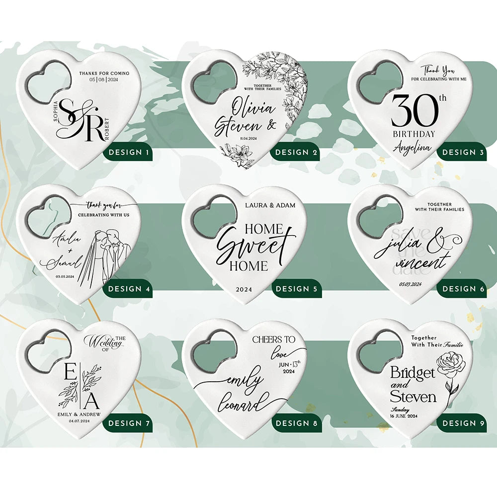 Custom Heart-Shaped Magnet Bottle Opener – 10-30pcs Engraved Bridal Shower & Wedding Party Favors in Bulk