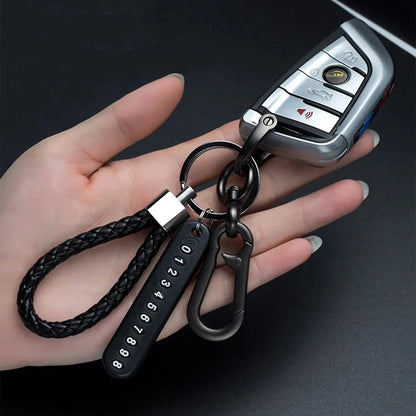 Trendy DIY Mobile Phone Number Plate Keychain - Punk Leather Rope Car Keychain for Men, Anti-Lost Accessory