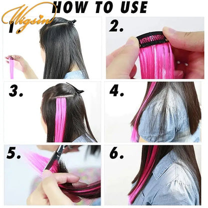 WIGSIN Synthetic Long Straight Rainbow Hair Extension – Colorful Purple Red Blue Hairpiece for Women