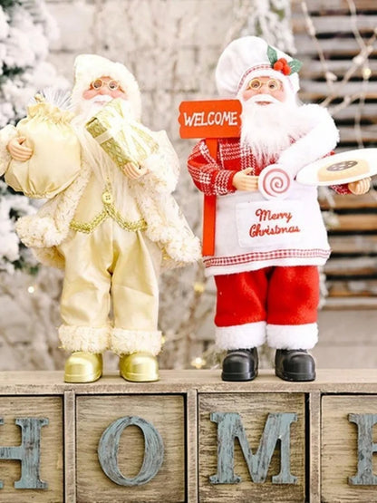 12-Inch Festive Santa Claus Statue – Golden & Silver White Christmas Decoration for Home, Kitchen, Hotel, and Office