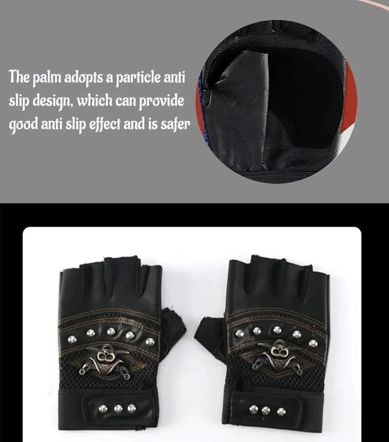 Pirate Skull PU Leather Fingerless Gloves for Men & Women – Hip Hop, Gym, Moto Half-Finger Mitts with Rivets