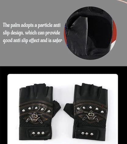 Pirate Skull PU Leather Fingerless Gloves for Men & Women – Hip Hop, Gym, Moto Half-Finger Mitts with Rivets