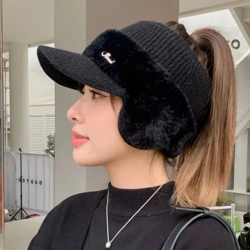Winter Hats for Women 2023 – Fashionable Knitted Earflap Baseball Cap, Windproof Ponytail Visor for Outdoor Sports
