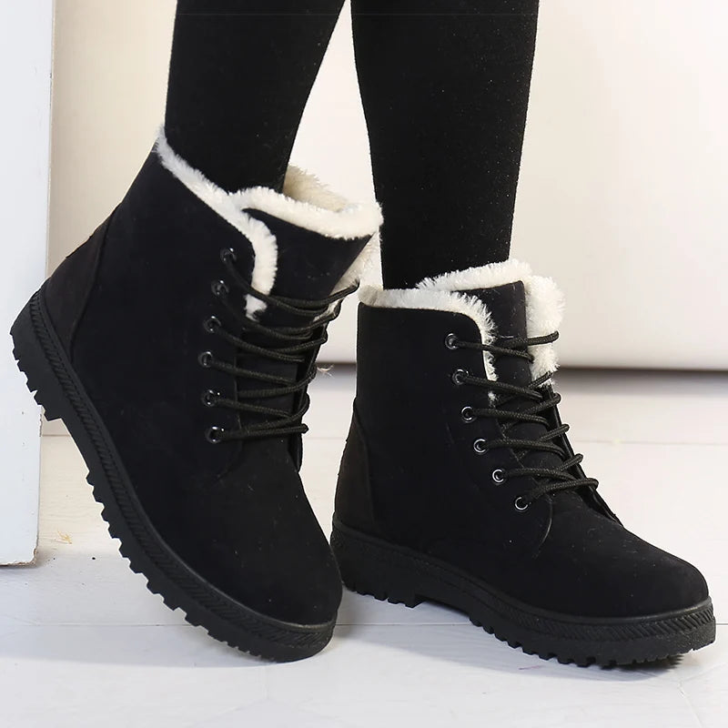 Women's Winter Fur Boots 2025 – Warm Ankle Snow Boots with Low Heels, Black Footwear for Women