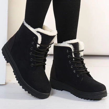 Women's Winter Fur Boots 2025 – Warm Ankle Snow Boots with Low Heels, Black Footwear for Women