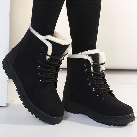Women's Winter Fur Boots 2025 – Warm Ankle Snow Boots with Low Heels, Black Footwear for Women