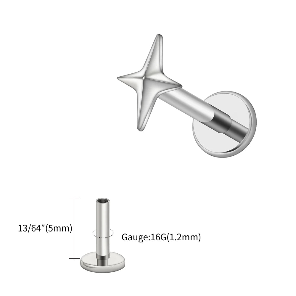Right Grand ASTM F136 Titanium 16G Four-Pointed Star Cartilage Stud Earring – Helix, Tragus, Flatback Labret & Nose Piercing Jewelry