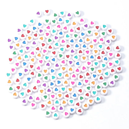100Pcs 7mm Acrylic Flat Round Beads – Colorful Heart Pattern Spacer Beads for DIY Bracelet & Earring Jewelry Making Supplies