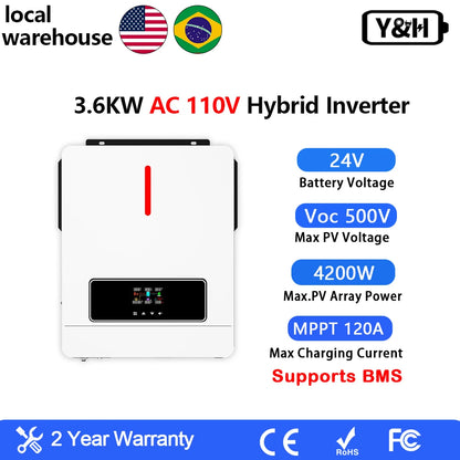 Y&H 3.6/4kW Hybrid Solar Inverter 24V – Pure Sine Wave with 120A MPPT Controller, UL1741 Certified