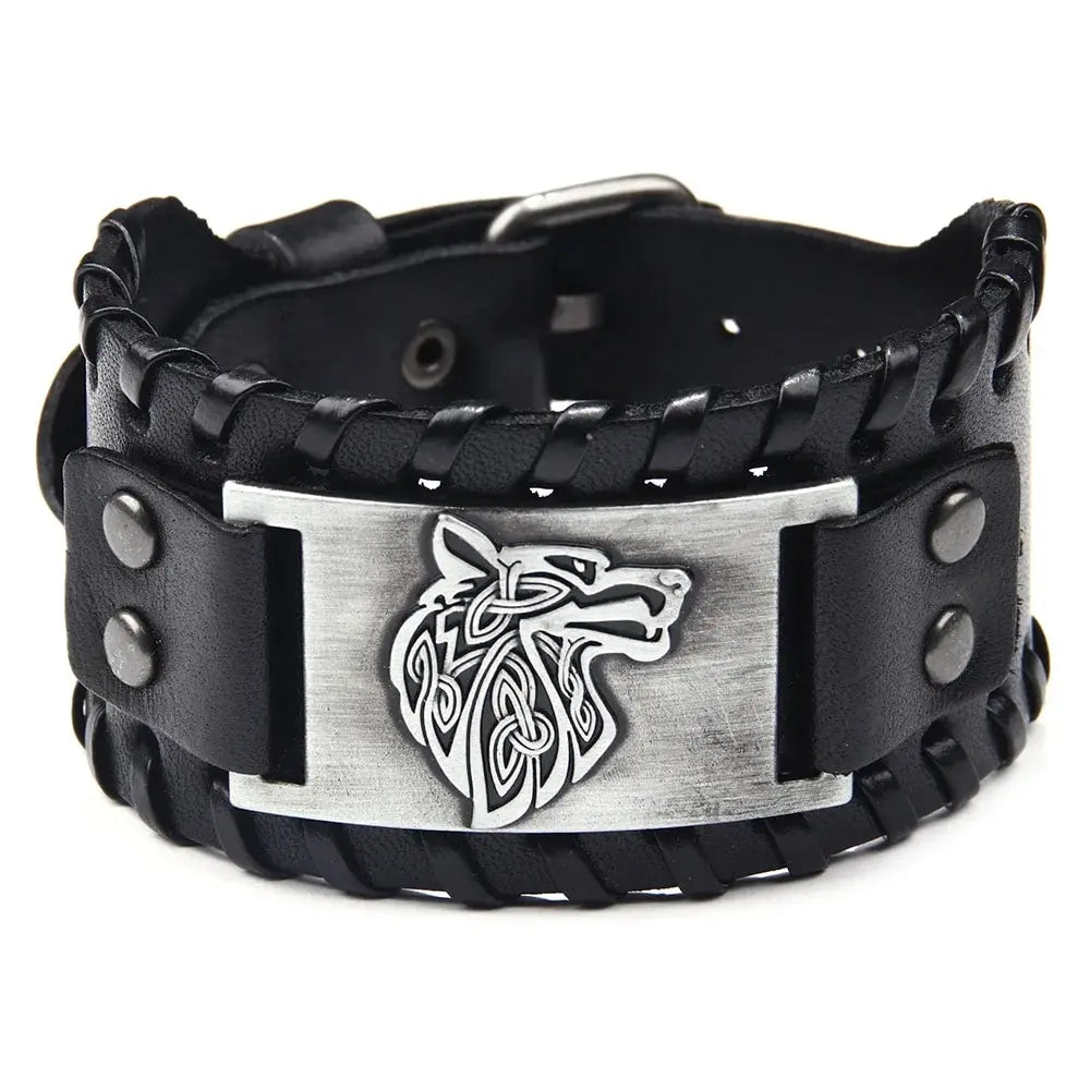 Vintage Viking Leather Braided Bracelet for Men - Celtic Wolf Head Bangle, Classic Animal Motif Jewelry & Hand Accessories