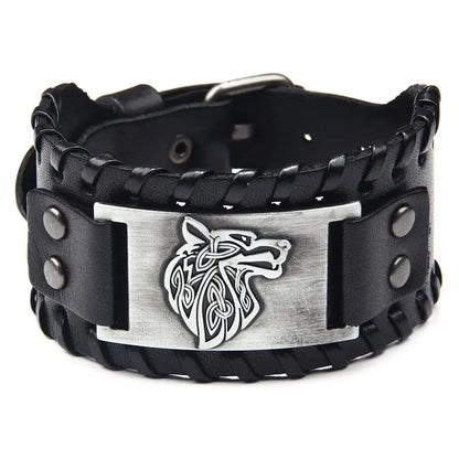 Vintage Viking Leather Braided Bracelet for Men - Celtic Wolf Head Bangle, Classic Animal Motif Jewelry & Hand Accessories