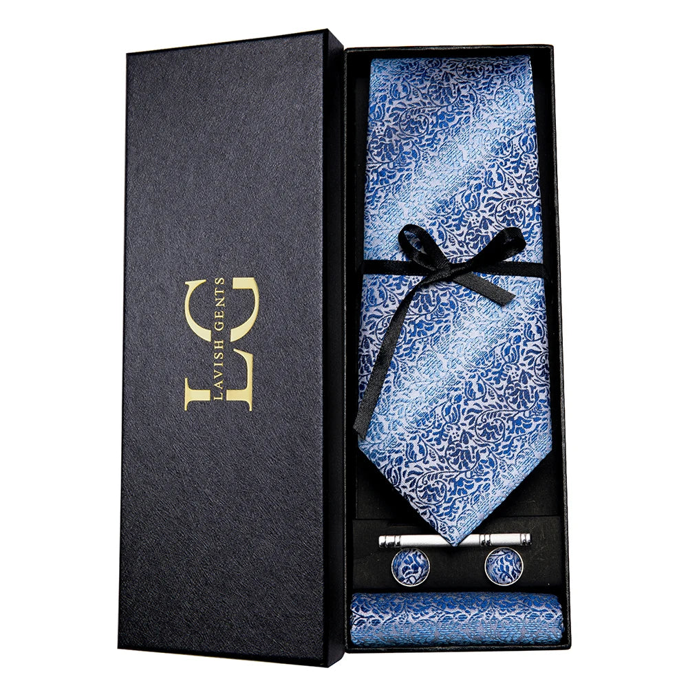 Hi-Tie Luxury Paisley Teal Green Tie Set - Men’s Classic Necktie with Handkerchief & Cufflinks Gift Box for Wedding & Formal Wear