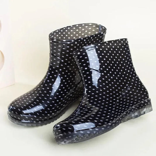 Women’s Black Polka Dot Rain Shoes – Waterproof, Non-Slip PVC Kitchen & Work Short Tube Boots for Summer