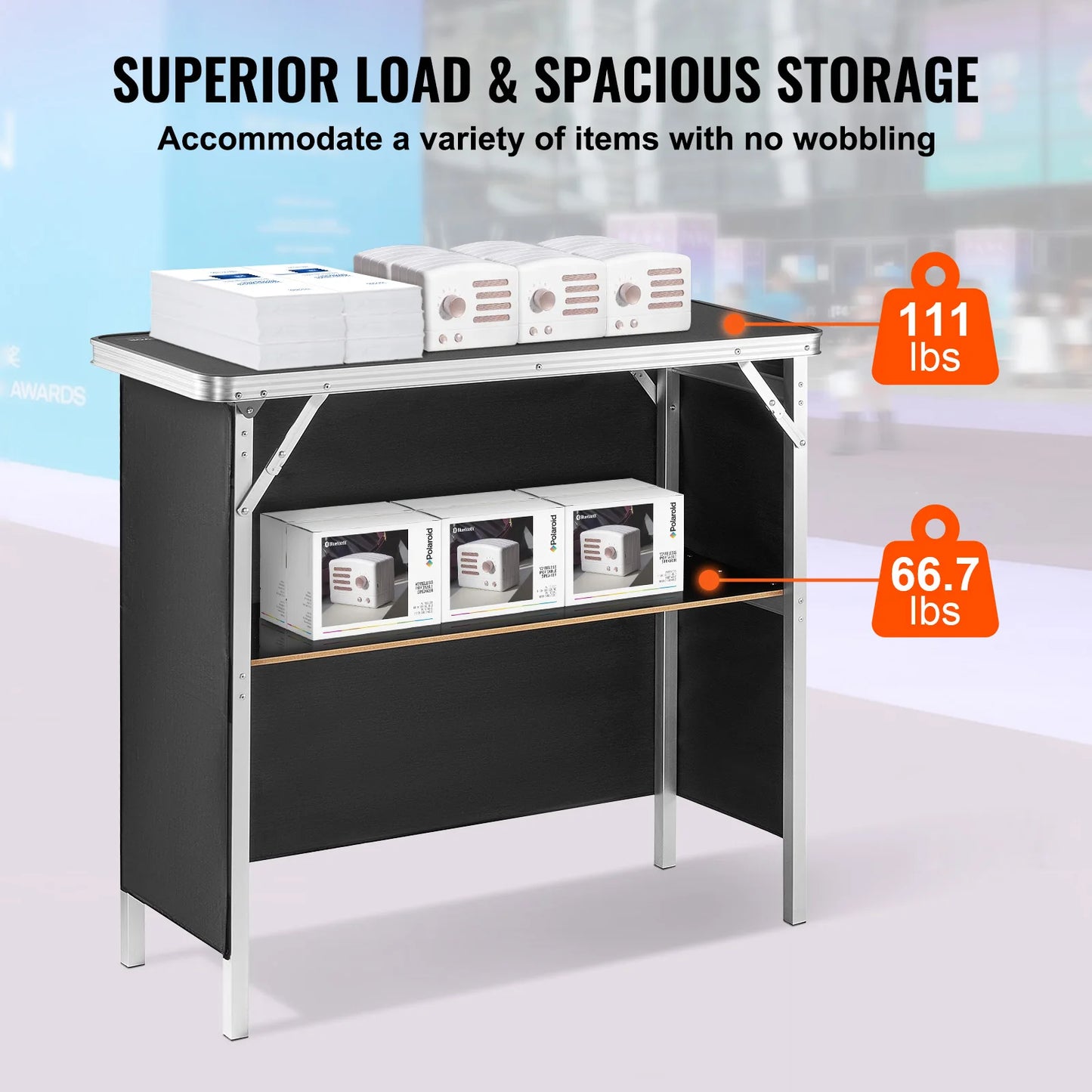 SucceBuy Folding Portable Bar Table – Tradeshow Podium with Carrying Case, Storage Shelf & Skirt for Party, Picnic & Exhibition