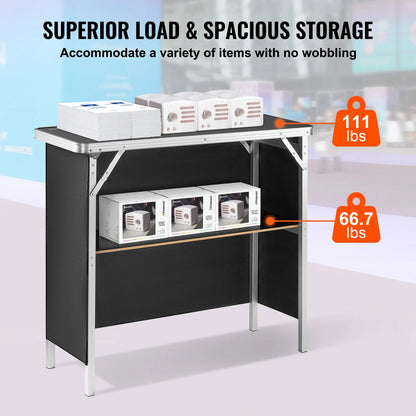 SucceBuy Folding Portable Bar Table – Tradeshow Podium with Carrying Case, Storage Shelf & Skirt for Party, Picnic & Exhibition