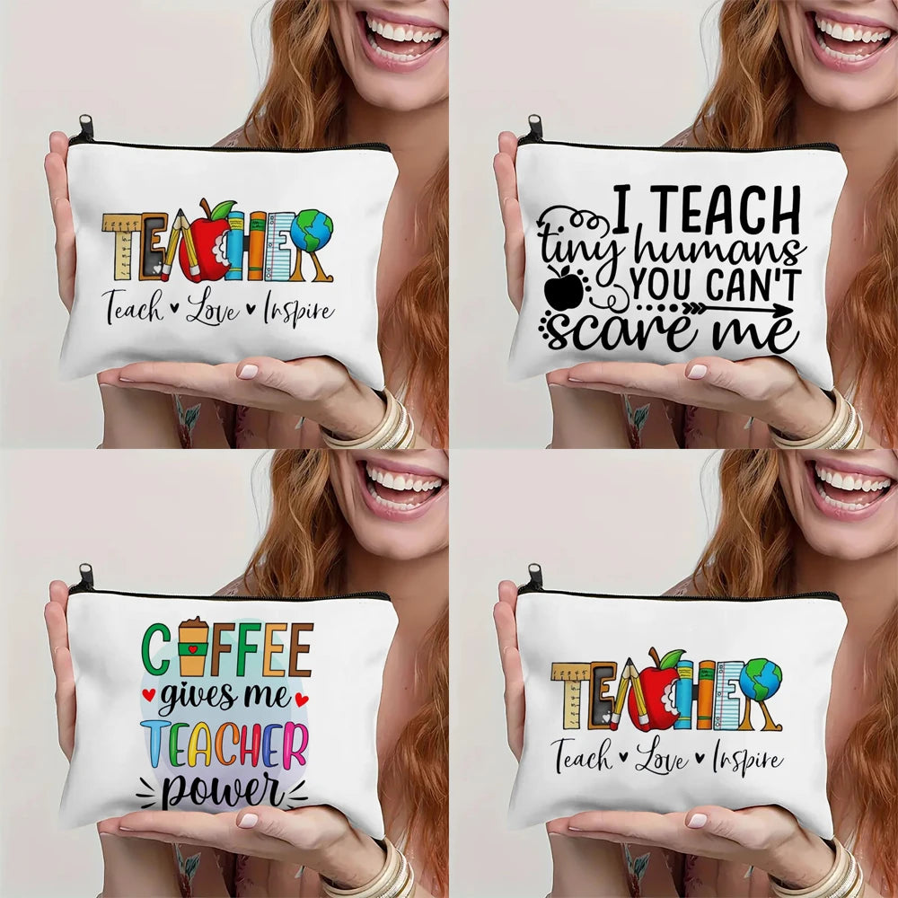 Coffee Teacher Power Makeup Bag – Linen Cosmetic Pouch for Women, Teacher’s Day Gift & Pen Organizer