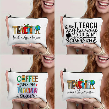 Coffee Teacher Power Makeup Bag – Linen Cosmetic Pouch for Women, Teacher’s Day Gift & Pen Organizer