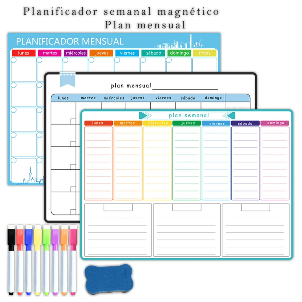 A3 Dry Erase Whiteboard Fridge Calendar – Weekly & Monthly Planner in Spanish, French, English