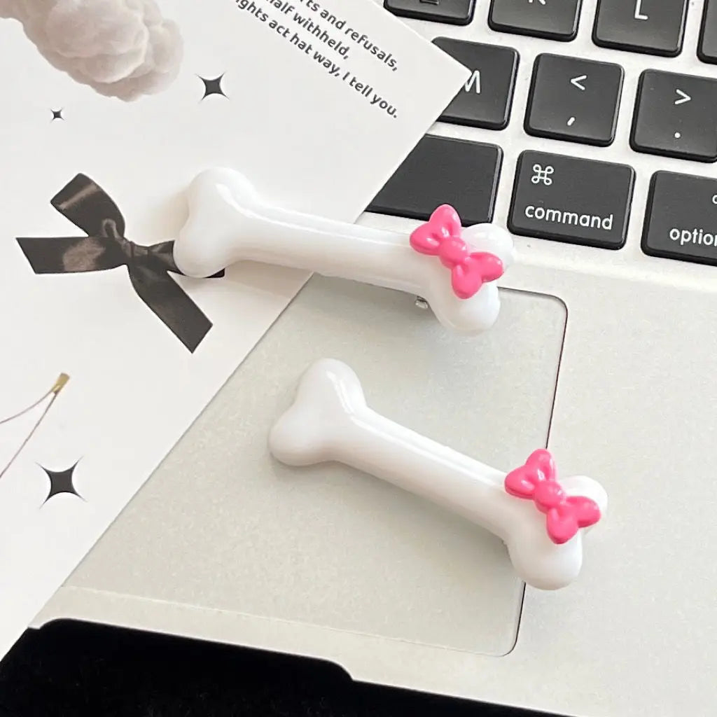 Kawaii Bow Dog Bone Hair Clips – Cute Black & White Bone Hairpins for Girls, Duckbill Barrettes Accessories