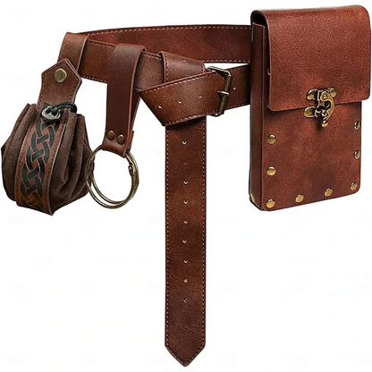 4PCS Medieval Cosplay Leather Belt Set – Copper Coin Waist Bag, Renaissance & Steam Role Playing Halloween Costume Accessories